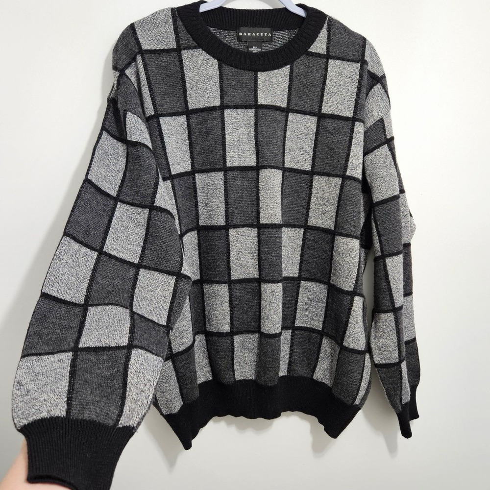 Vintage 90s Baracuta 3D Knit Merino Wool Blend Jumper Sweater Black Gray XXL